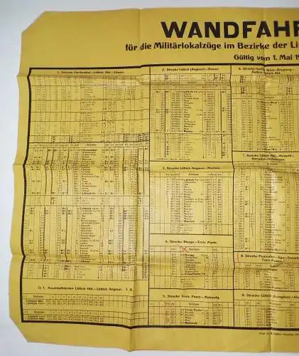 Wand Fahrplan Militärlokalzüge Linien Kommandantur Lüttich 1915 Eisenbahn 