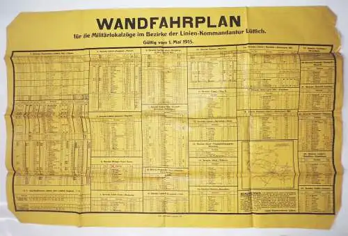 Wand Fahrplan Militärlokalzüge Linien Kommandantur Lüttich 1915 Eisenbahn