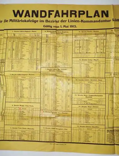 Wand Fahrplan Militärlokalzüge Linien Kommandantur Lüttich 1915 Eisenbahn