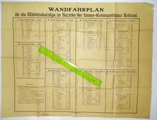 Wand Fahrplan Militärlokalzüge Linien Kommandantur Brüssel 1 Wk WW1 Eisenbahn