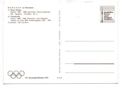 Ak München Olympia Stadt am Marienplatz Neues Rathaus Frauenkirche Bayern 1972