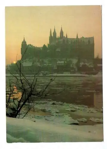 Foto Ak Meissen im Winter Elbansicht bei Sonnenuntergang 1982