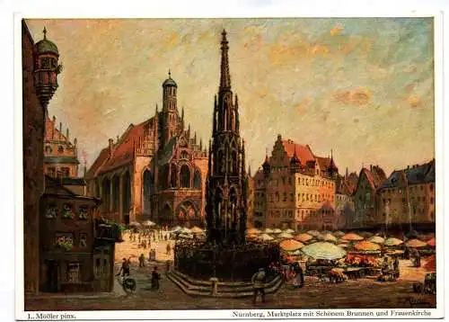 Künstler Ak Alt Nürnberg Marktplatz Schöner Brunnen und Frauenkirche