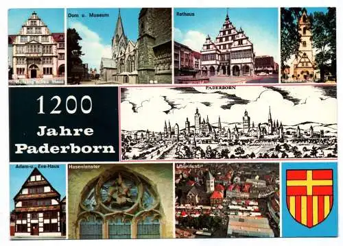 Ak 1200 Jahre Paderborn Rathaus Dom und Museum Adam und Eva Haus