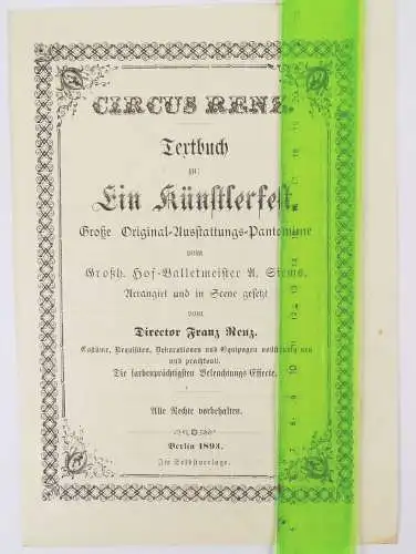 Circus Renz Textbuch zu Ein Künstlerfest Franz Renz 1893 Zirkus