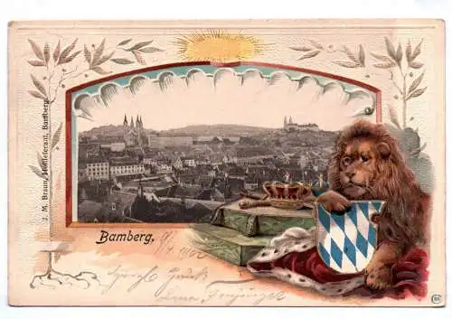 Litho Ak Bamberg bayerischer Löwe mit Wappen Bayern 1902 geprägt