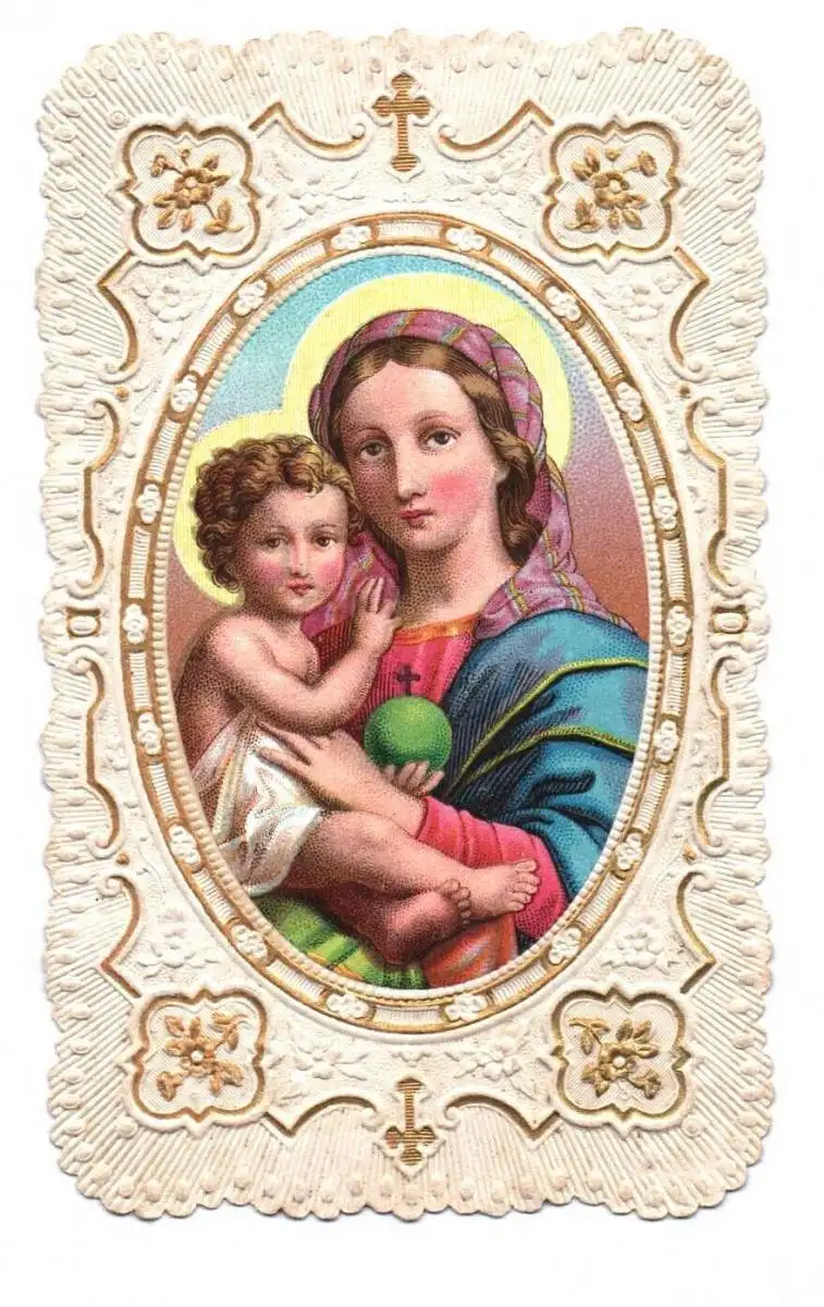 Altes Heiligenbild Mutter Gottes Jesus Kind um 1890 Andachtsbild 0