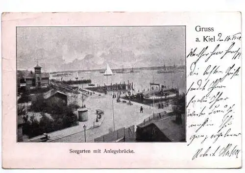 Ak Gruss aus Kiel Seegarten mit Anlegebrücke 1901 heimkehrende China Krieger