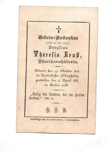 Sterbebild Pfarrhaushälterin Rieden 1888 Heiligenbild holy card