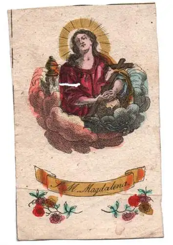 Heiligenbild S M Magdalena um 1750 koloriert Pergament holy card Andachtsbild