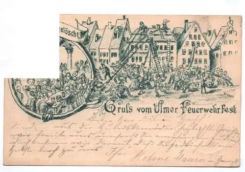 Litho Ak Gruss aus Ulm Feuerwehr Fest Vorläufer 1897 defekt