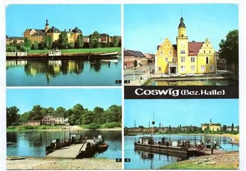 Alte Postkarte Coswig Halle Saale Elbfähre Rathaus Elbe Schloß 1982