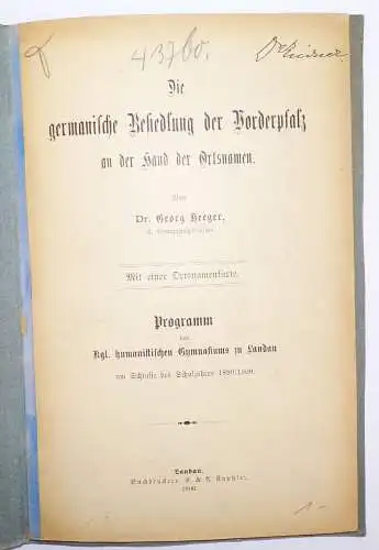 Die germanische Besiedlung der Vorderpfalz Dr Georg Heeger 1900 Germanen Pfalz