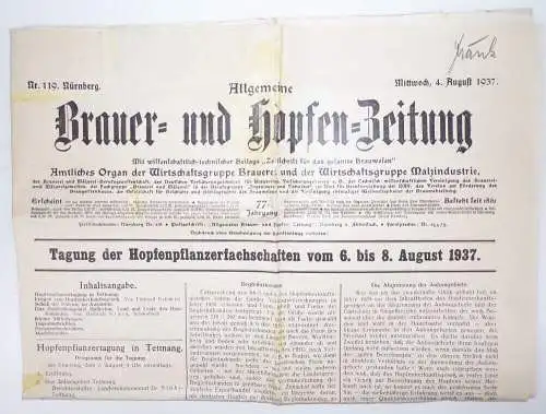 Allgemeine Brauer und Hopfen Zeitung Nr 119 von 1937 Nürnberg