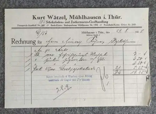 Rechnung Kurt Wätzel Mühlhausen Schokoladen Zuckerwaren 1928 Thüringen