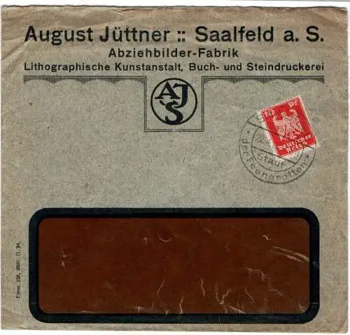 Brief August Jüttner Saalfeld Abziehbilder Fabrik 1925