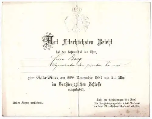 Einladung Gala Dinner 1887 Hofmarschall großherzogliches Schloss