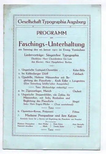 Gesellschaft Typographia Augsburg Programm zur Faschings Unterhaltung 1912