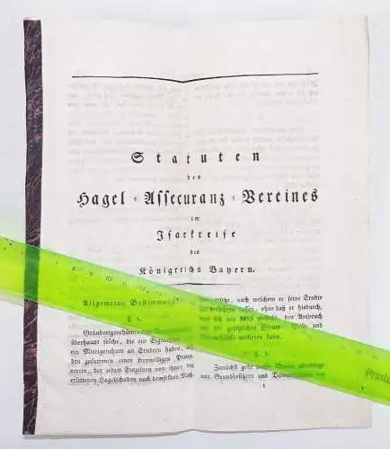 Statuten des Hagel Assekuranz Vereines im Isarkreise Königreich Bayern um 1850