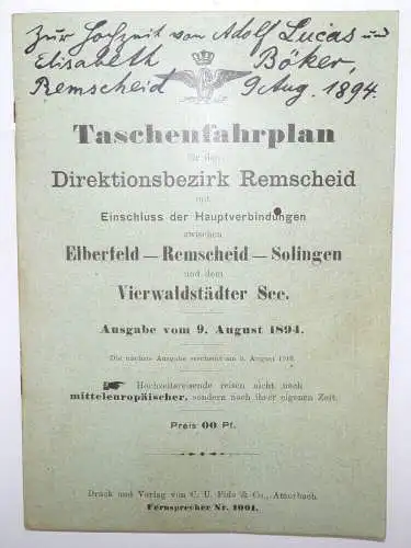 Taschenfahrplan Remscheid Elberfeld Solingen 1894 Vierwaldstädter See