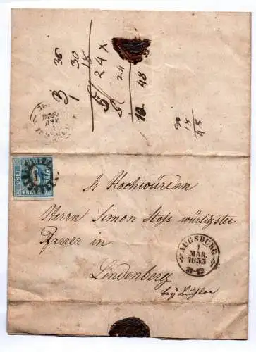 Brief 1855 Bayern 3 Kreuzer blau Mühlradstempel Lindenberg Augsburg