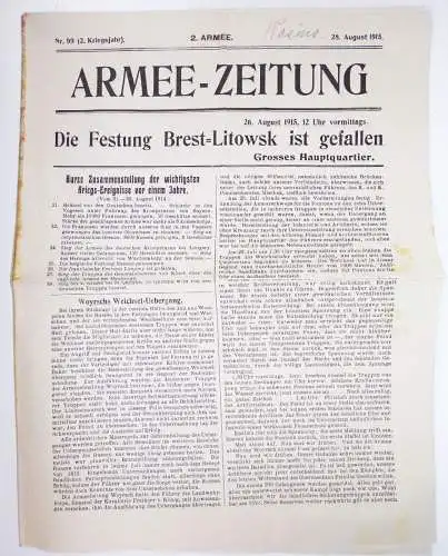 Armee Zeitung 1915 Nr 99 Festung Brest Litowsk ist gefallen großes Hauptquartier