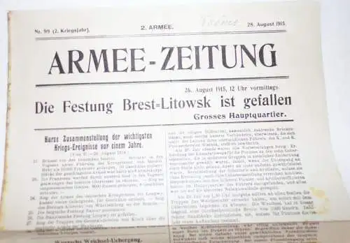 Armee Zeitung 1915 Nr 99 Festung Brest Litowsk ist gefallen großes Hauptquartier