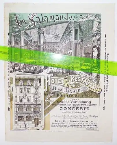 Litho Prospekt Salamander Hotel Restaurant Elberfeld 1890 er Konzerte Programm