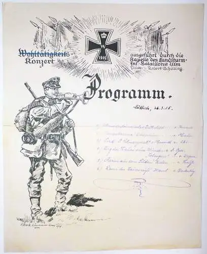 Konzert Programm Lüttich 1915 Landsturm Infanterie Batallions Ulm EK 1 Wk