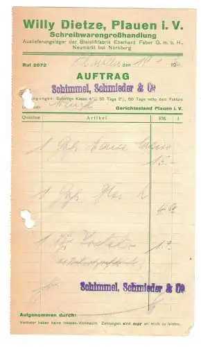 Rechnung Willy Dietze Plauen i. V. Schreibwaren - Großhandlung 1932 (D8