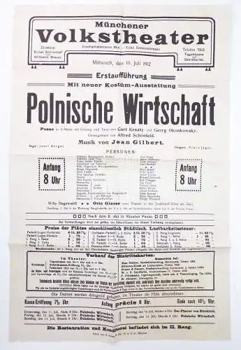 Münchner Volkstheater 1912 Aushänge Programm Plakate 7 Stück München