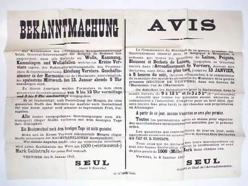 Plakat 1 Wk Bekanntmachung Verviers 1915 Rohstoffe Seul zweisprachiger Aushang