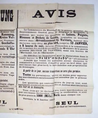 Plakat 1 Wk Bekanntmachung Verviers 1915 Rohstoffe Seul zweisprachiger Aushang