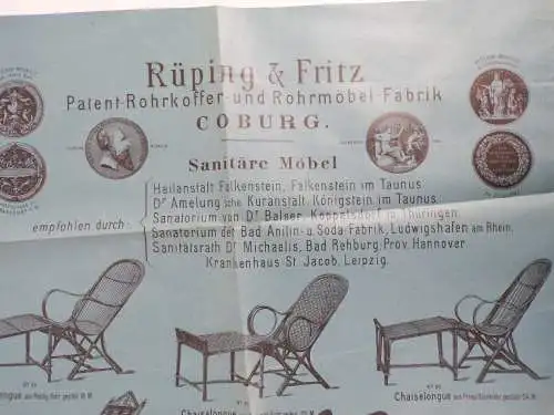 Reklame Aushang Rüping u Fritz Rohrkoffer Rohrmöbel Coburg um 1890 Möbel