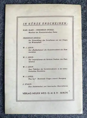 W. I. Lenin Karl Marx Eine Einführung in den Marxismus 1945 Verlag Neuer Weg