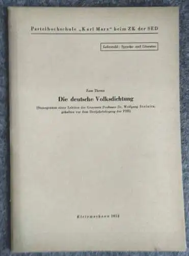 Die Deutsche Volksdichtung Heft Parteihochschule Karl Marx 1953