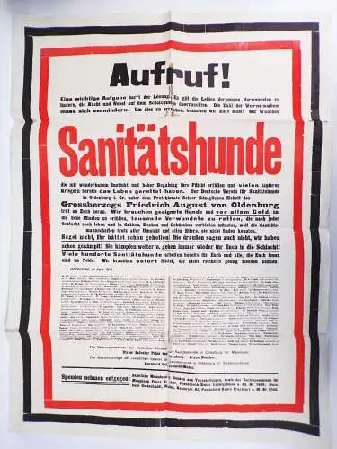 Altes Plakat 1 Wk Aufruf Sanitätshunde für die Front Oldenburg WW1