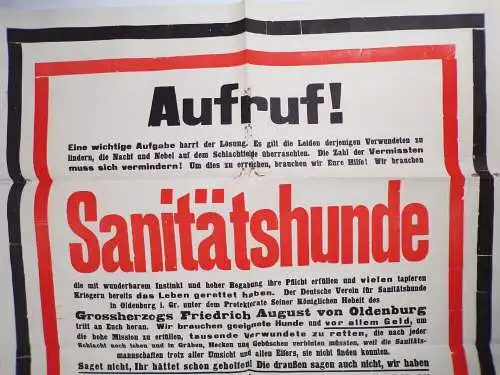 Altes Plakat 1 Wk Aufruf Sanitätshunde für die Front Oldenburg WW1