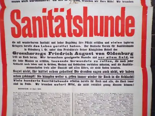 Altes Plakat 1 Wk Aufruf Sanitätshunde für die Front Oldenburg WW1