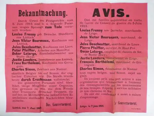 Altes Plakat Bekanntmachung zum Tode verurteilt wegen Spionage 1915 Lüttich 1 Wk