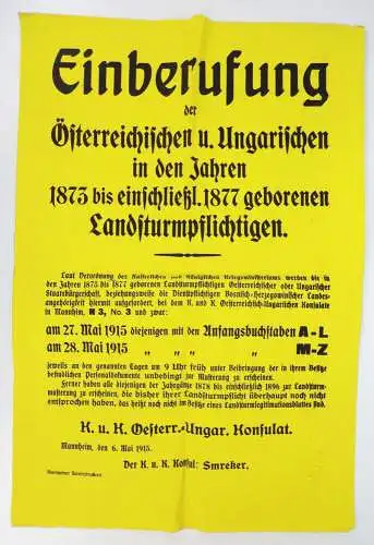 Altes Plakat 1915 Aufruf k u k österreich ungarisches Konsulat Mannheim