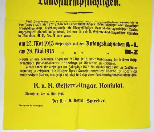 Altes Plakat 1915 Aufruf k u k österreich ungarisches Konsulat Mannheim