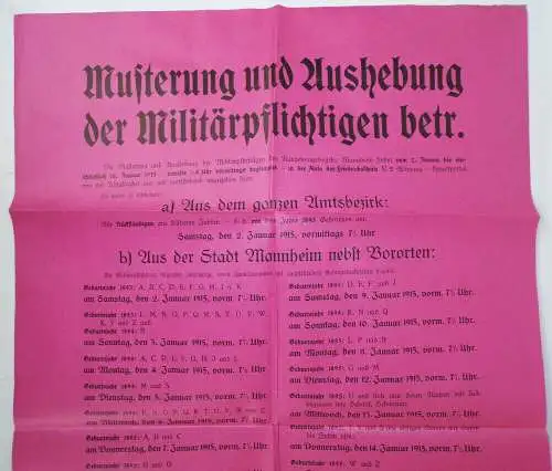 Altes Plakat 1915 Musterung Aushebung Militärpflichtigen 1 Wk Mannheim 