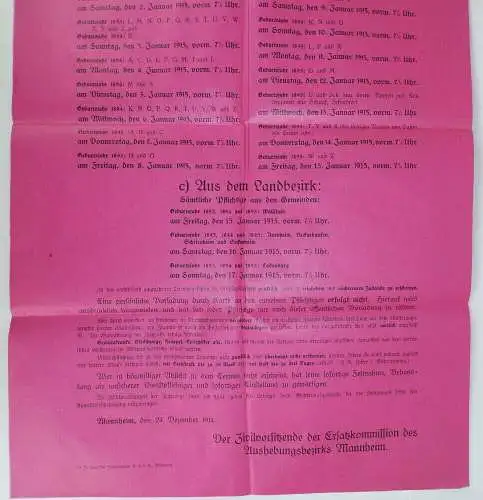 Altes Plakat 1915 Musterung Aushebung Militärpflichtigen 1 Wk Mannheim 