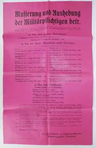Altes Plakat 1915 Musterung Aushebung Militärpflichtigen 1 Wk Mannheim 