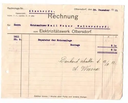 Olbersdorf bei Zittau Rechnung Elektrizitätswerk 1911