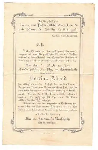 Vereinsabend Rorschach Schweiz 1914 Stadtmusik Programm