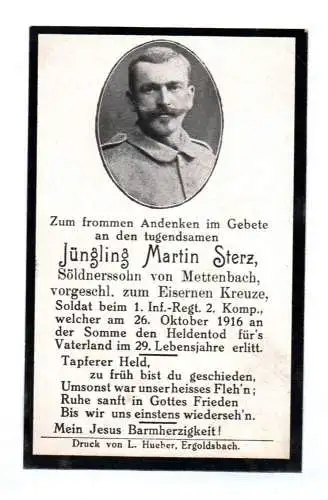 Alter Sterbebild Soldat 1 Infanterie Regiment 1916 an der Somme RIP Heldentod EK