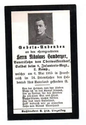 Sterbebild Oberwolkersdorf 8 IR Frankreich RIP Heldentod 1915 WW1