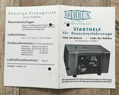 Heft Starthelf für Generatorfahrzeuge Radiolux GmbH Berlin Steglitz